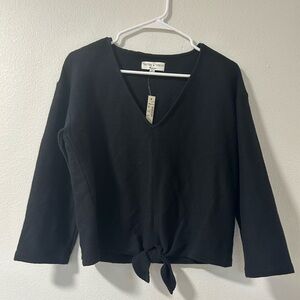 NWT Madewell Texture & Thread Tie Front Black Ribbed 3/4 Sleeve